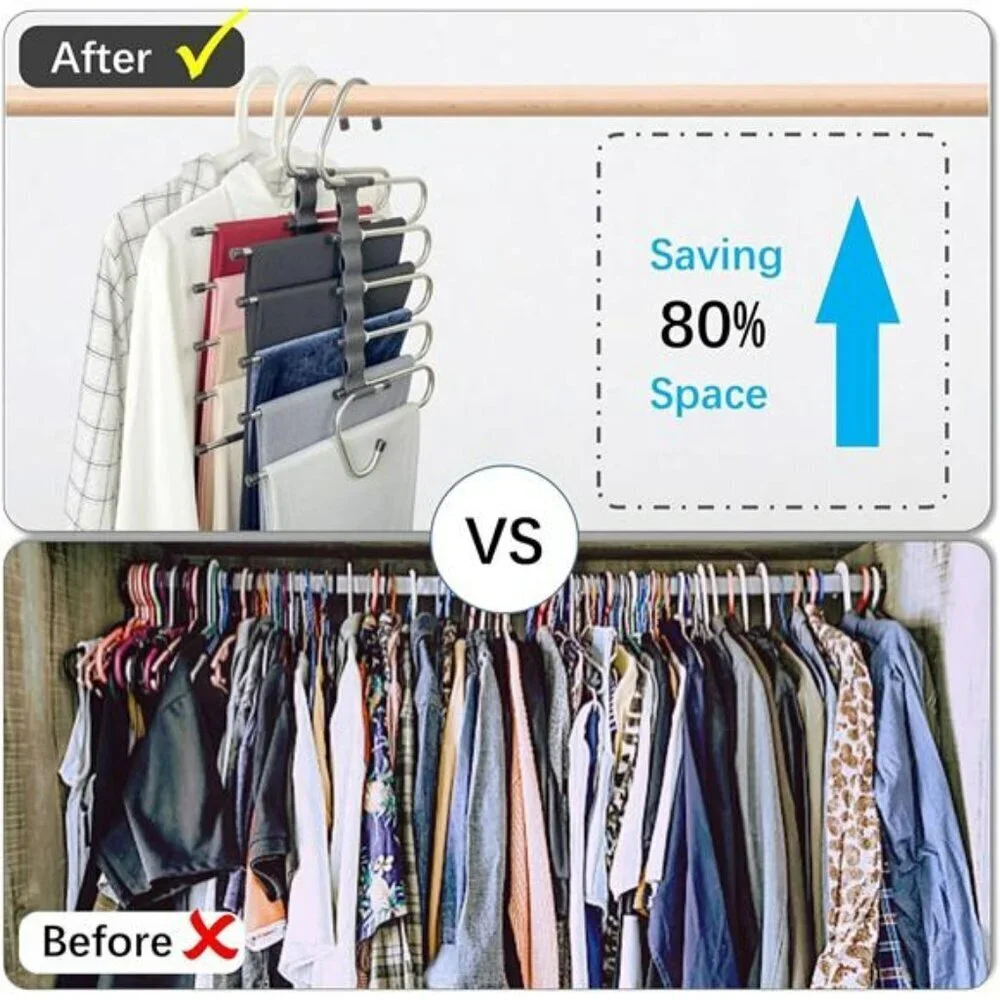 Space Saving Pants Hangers 2 Pack 5 Tier Closet Organizer with 10 Clips for Trou